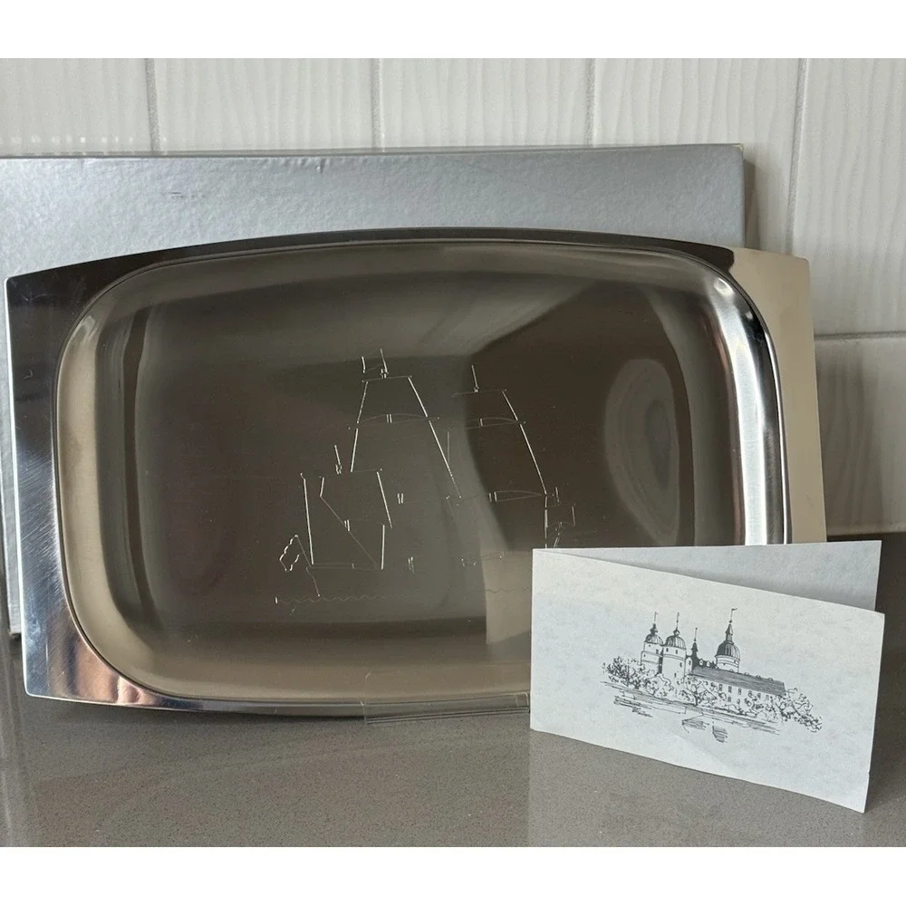 VTG MCM Arthur Salm Swedish Stainless Steel Tray Ship Etched Org. Box 18-8 MINT